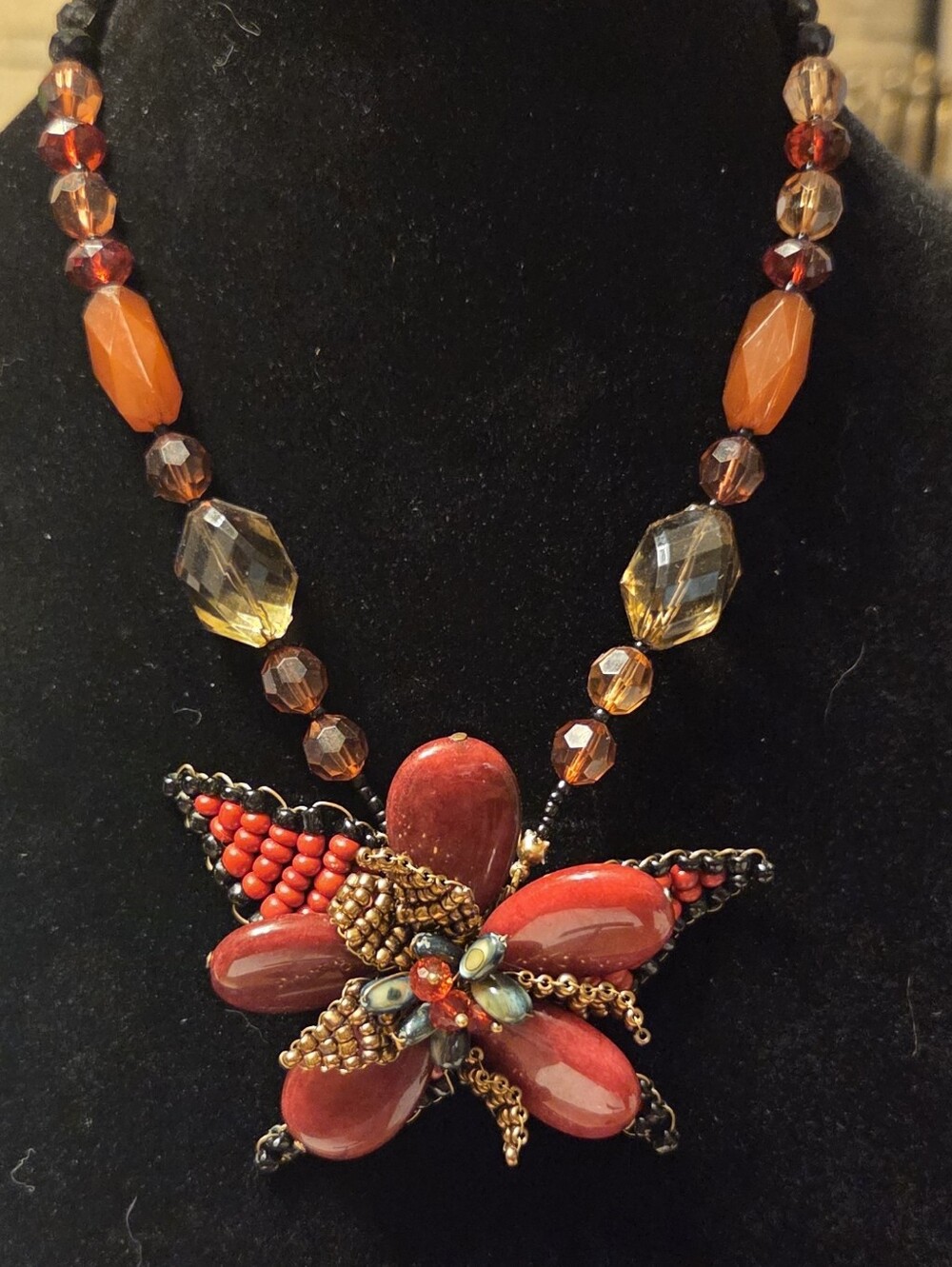 Red Bead Floral Statement Necklace